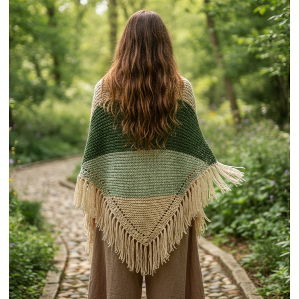 NEW Green Beige Hand Knitted Shawl Wrap Boho Hippie Cottage Indie Forest Artsy